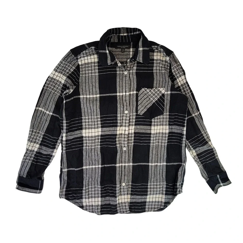 Banana Republic‎ Mens Soft Wash Plaid Button Down Shirt Size M Black White